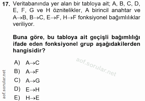 17. soru: Veritabanında yer alan bir tabloya ait; A, B, C, D, E, F, G ve H öznitelikler, A birincil anahtar ve A→B, B→C, E→F, H…