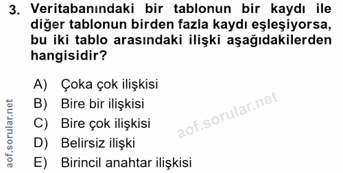 3. soru: Veritabanındaki bir tablonun bir kaydı ile diğer tablonun birden fazla kaydı eşleşiyorsa, bu iki tablo arasındaki ili…