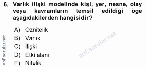 6. soru: Varlık ilişki modelinde kişi, yer, nesne, olay veya kavramların temsil edildiği öge aşağıdakilerden hangisidir? A) Öz…