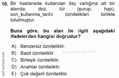 10. soru: Bir hastanede kullanılan ilaç varlığına ait bir alanda; doz, tur (surup, hap), son_kullanma_tarihi öznitelikleri birl…