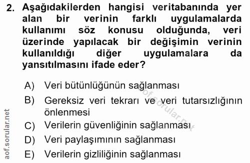 2. soru: Aşağıdakilerden hangisi veritabanında yer alan bir verinin farklı uygulamalarda kullanımı söz konusu olduğunda, veri…