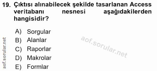 19. soru: Çıktısı alınabilecek şekilde tasarlanan Access veritabanı nesnesi aşağıdakilerden hangisidir? A) Sorgular B) Alanlar…