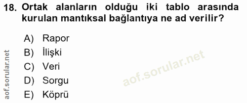 18. soru: Ortak alanların olduğu iki tablo arasında kurulan mantıksal bağlantıya ne ad verilir? A) Rapor B) Ilişki C) Veri D) S…