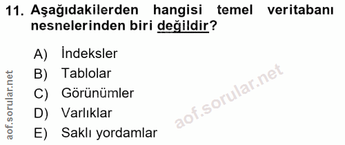 11. soru: Aşağıdakilerden hangisi temel veritabanı nesnelerinden biri değildir? A) Indeksler B) Tablolar C) Görünümler D) Varlı…