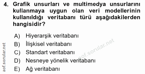 4. soru: Grafik unsurları ve multimedya unsurlarını kullanmaya uygun olan veri modellerinin kullanıldığı veritabanı türü aşağı…