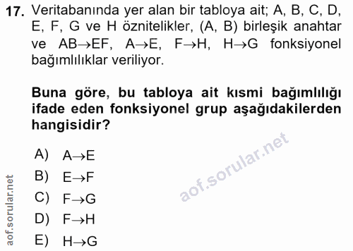 17. soru: Veritabanında yer alan bir tabloya ait; A, B, C, D, E, F, G ve H öznitelikler, (A, B) birleşik anahtar ve AB→EF, A→E,…