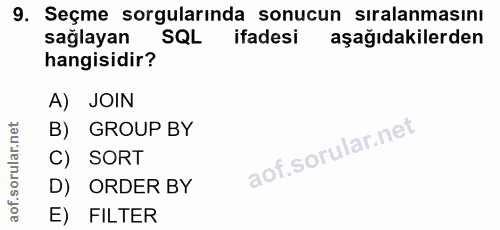 9. soru: Seçme sorgularında sonucun siralanmasını sağlayan SQL ifadesi aşağıdakilerden hangisidir? A) JOIN B) GROUP BY C) SORT…