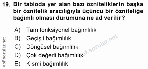 19. soru: Bir tabloda yer alan bazı özniteliklerin başka bir öznitelik aracılığıyla üçüncü bir özniteliğe bağımlı olması durumu…