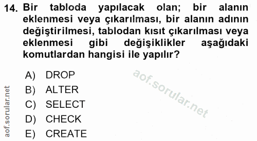 14. soru: Bir tabloda yapılacak olan; bir alanın eklenmesi veya çıkarılması, bir alanın adının değiştirilmesi, tablodan kısıt ç…