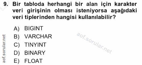 9. soru: Bir tabloda herhangi bir alan için karakter veri girişinin olması isteniyorsa aşağıdaki veri tiplerinden hangisi kull…