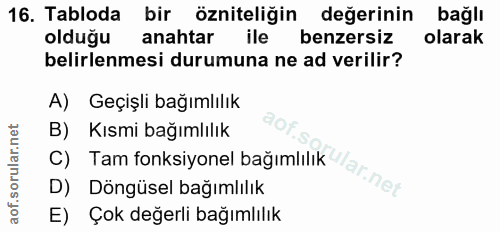 16. soru: Tabloda bir özniteliğin değerinin bağlı oldugu anahtar ile benzersiz olarak belirlenmesi durumuna ne ad verilir? A) G…
