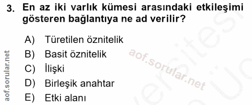 3. soru: En az iki varlık kümesi arasındaki etkileşimi gösteren bağlantıya ne ad verilir? A) Türetilen öznitelik B) Basit özni…