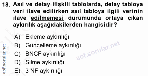 18. soru: Asıl ve detay ilişkili tablolarda, detay tabloya veri ilave edilirken asıl tabloya ilgili verinin ilave edilmemesi du…