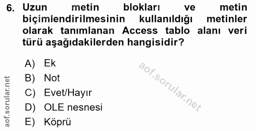 6. soru: Uzun metin blokları ve metin biçimlendirilmesinin kullanıldığı metinler olarak tanımlanan Access tablo alanı veri tür…