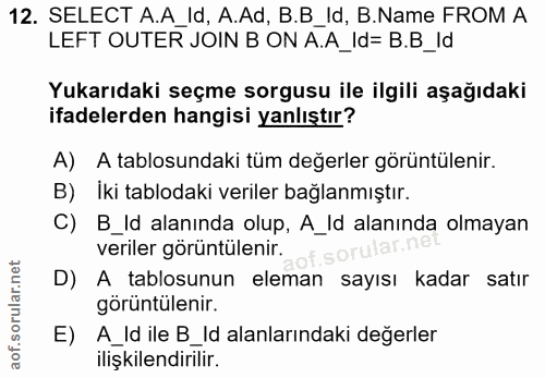12. soru: SELECT A.A_Id, A.Ad, B.B_Id, B.Name FROM A LEFT OUTER JOIN B ON A.A_Id= B.B_Id Yukarıdaki seçme sorgusu ile ilgili aş…