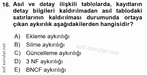 16. soru: Asıl ve detay ilişkili tablolarda, kayıtların detay bilgileri kaldırılmadan asıl tablodaki satırlarının kaldırılması…