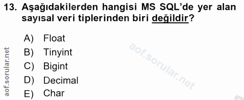 13. soru: Aşağıdakilerden hangisi MS SQL'de yer alan sayısal veri tiplerinden biri değildir? A) Float B) Tinyint C) Bigint D) D…