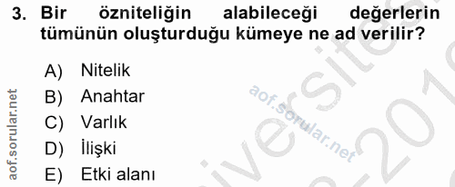 3. soru: Bir özniteliğin alabileceği değerlerin tümünün oluşturduğu kümeye ne ad verilir? A) Nitelik B) Anahtar Varlık D) Iliş…