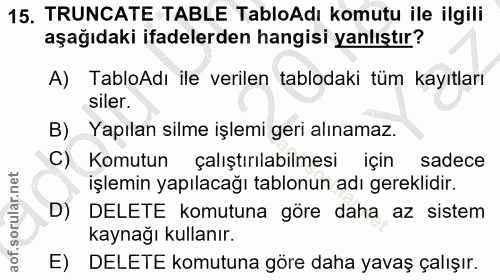 15. soru: TRUNCATE TABLE TabloAdı komutu ile ilgili aşağıdaki ifadelerden hangisi yanlıştır? A) TabloAdı ile verilen tablodaki…