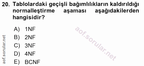 20. soru: Tablolardaki geçişli bağımlılıkların kaldırıldığı normalleştirme aşaması aşağıdakilerden hangisidir? A) 1NF B) 2NF C)…