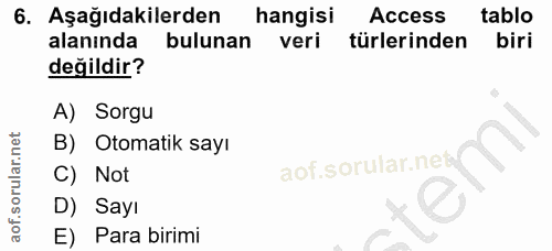6. soru: Aşağıdakilerden hangisi Access tablo alaninda bulunan veri türlerinden biri değildir? A) Sorgu B) Otomatik sayı Not D…