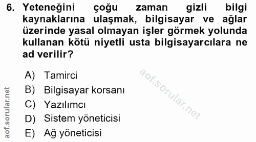 6. soru: Yeteneğini çoğu zaman gizli bilgi kaynaklarına ulaşmak, bilgisayar ve ağlar üzerinde yasal olmayan işler görmek yolun…
