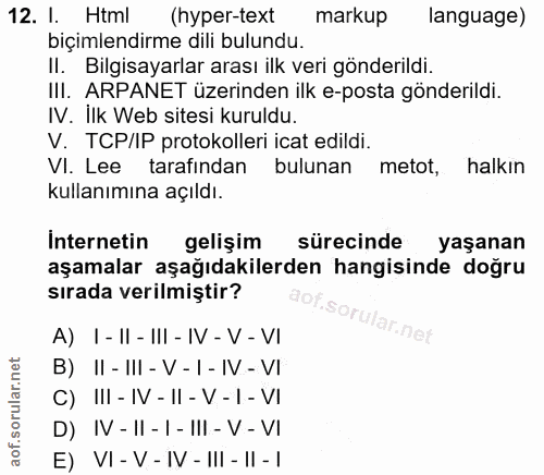 12. soru: 1. Html (hyper-text markup language) biçimlendirme dili bulundu. II. Bilgisayarlar arası ilk veri gönderildi. III. AR…