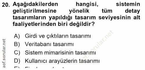 20. soru: Aşağıdakilerden hangisi, sistemin geliştirilmesine yönelik tüm detay tasarımların yapıldığı tasarım seviyesinin alt f…