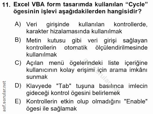 11. soru: Excel VBA form tasarımda kullanılan "Cycle" ögesinin işlevi aşağıdakilerden hangisidir? A) Veri girişinde kullanılan…