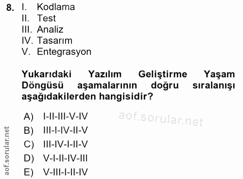 8. soru: 1. Kodlama II. Test III. Analiz IV. Tasarım V. Entegrasyon Yukarıdaki Yazılım Geliştirme Yaşam Döngüsü aşamalarının d…