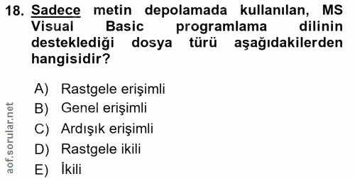 18. soru: Sadece metin depolamada kullanılan, MS Visual Basic programlama dilinin desteklediği dosya türü aşağıdakilerden hangi…