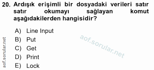 20. soru: Ardışık erişimli bir dosyadaki verileri satır satır okumayı sağlayan komut aşağıdakilerden hangisidir? A) Line Input…