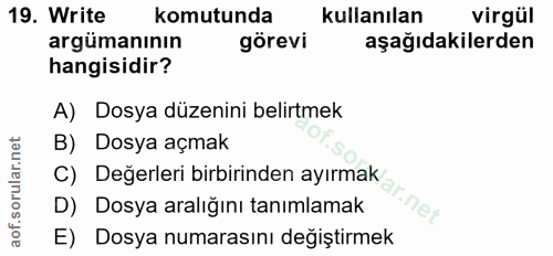 19. soru: Write komutunda kullanılan virgül argümanının görevi aşağıdakilerden hangisidir? A) Dosya düzenini belirtmek B) Dosya…
