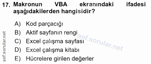 17. soru: Makronun VBA ekranındaki ifadesi aşağıdakilerden hangisidir? A) Kod parçacığı B) Aktif sayfanın rengi C) Excel çalışm…