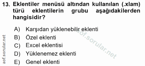 13. soru: Eklentiler menüsü altından kullanılan (.xlam) türü eklentilerin grubu aşağıdakilerden hangisidir? A) Karşıdan yüklene…