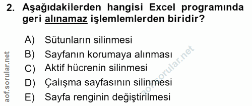 2. soru: Aşağıdakilerden hangisi Excel programinda geri alınamaz işlemlemlerden biridir? A) Sütunların silinmesi B) Sayfanın k…