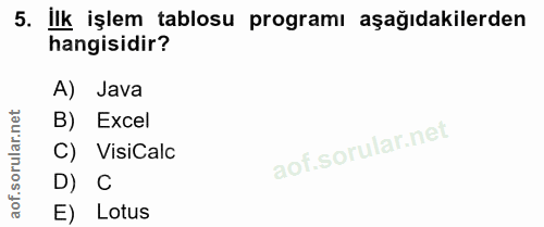 5. soru: İlk işlem tablosu programı aşağıdakilerden hangisidir? A) Java ar.net B) Excel C) VisiCalc oru D) C aof. E) Lotus