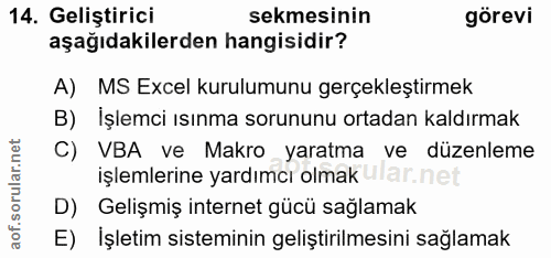 14. soru: Geliştirici sekmesinin görevi aşağıdakilerden hangisidir? A) MS Excel kurulumunu gerçekleştirmek B) İşlemci ısınma so…