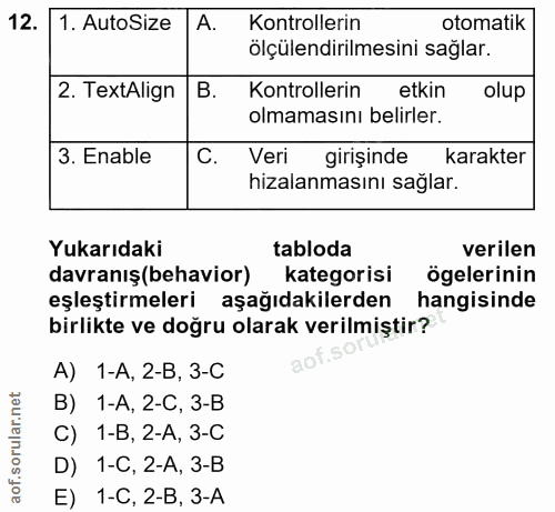 12. soru: 1. AutoSize A. Kontrollerin otomatik ölçülendirilmesini sağlar. 2. TextAlign Kontrollerin etkin olup olmamasını belir…