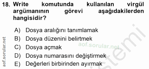18. soru: Write komutunda kullanılan virgül argümanının görevi aşağıdakilerden hangisidir? A) Dosya aralığını tanımlamak B) Dos…
