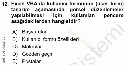 12. soru: Excel VBA'da kullanıcı formunun (user form) tasarım aşamasında görsel düzenlemeler yapılabilmesi için kullanılan penc…