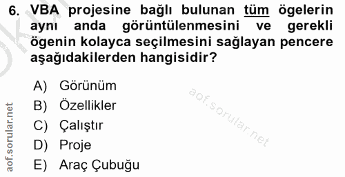 6. soru: VBA projesine bağlı bulunan tüm ögelerin ayni anda görüntülenmesini ve gerekli ögenin kolayca seçilmesini sağlayan pe…