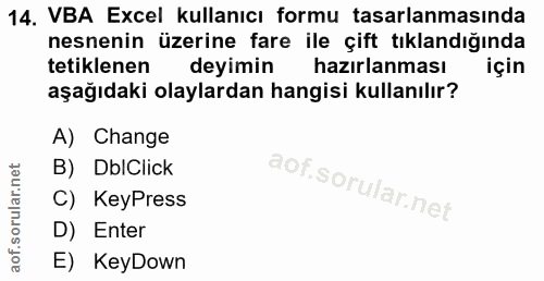 14. soru: VBA Excel kullanıcı formu tasarlanmasında nesnenin üzerine fare ile çift tıklandığında tetiklenen deyimin hazırlanmas…