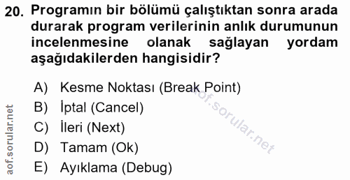 20. soru: Programın bir bölümü çalıştıktan sonra arada durarak program verilerinin anlık durumunun incelenmesine olanak sağlaya…