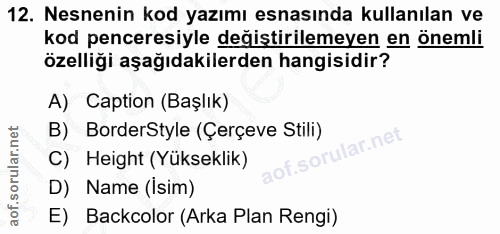 12. soru: Nesnenin kod yazımı esnasında kullanılan ve kod penceresiyle değiştirilemeyen en önemli özelliği aşağıdakilerden hang…