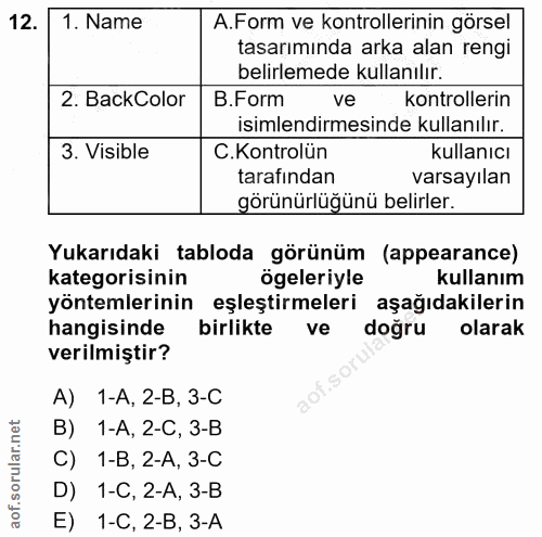 12. soru: 1. Name A. Form ve kontrollerinin görsel tasarıminda arka alan rengi belirlemede kullanılır. 2. BackColor B.Form ve k…