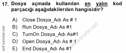 17. soru: Dosya açmada kullanılan en yalın kod parçacığı aşağıdakilerden hangisidir? A) Close Dosya_Adi As # 1 B) Run Dosya_Adı…
