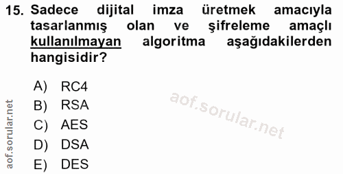 15. soru: Sadece dijital imza üretmek amacıyla tasarlanmış olan ve şifreleme amaçlı kullanılmayan algoritma aşağıdakilerden han…