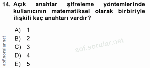 14. soru: Açık anahtar şifreleme yöntemlerinde kullanıcının matematiksel olarak birbiriyle ilişkili kaç anahtarı vardır? A) 1 B…