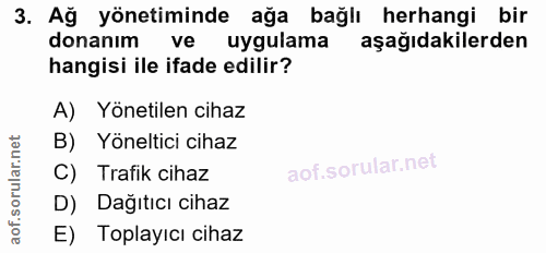 3. soru: Ağ yönetiminde ağa bağlı herhangi bir donanim ve uygulama aşağıdakilerden hangisi ile ifade edilir? A) Yönetilen ciha…